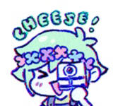 Image of Dreamworld Basil from OMORI holding a camera and saying “cheese!”